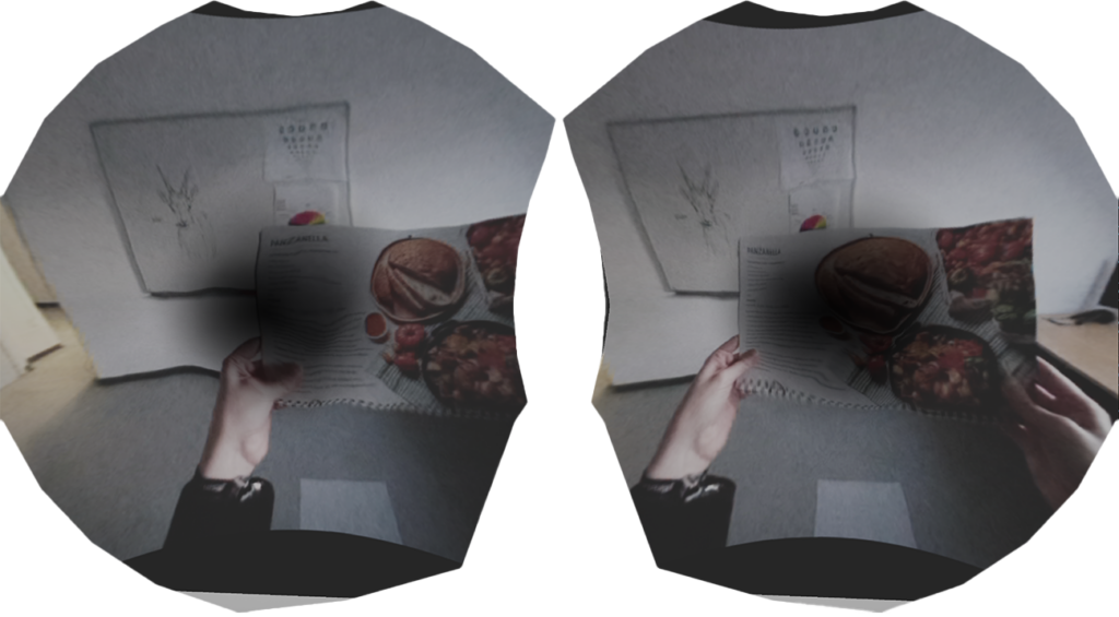 first-person view of someone holding a menu with wet age-related macular degeneration simulated in augmented reality