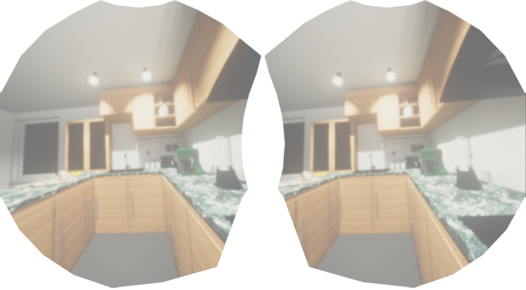 VR view of a kitchen with simulated cornea disease