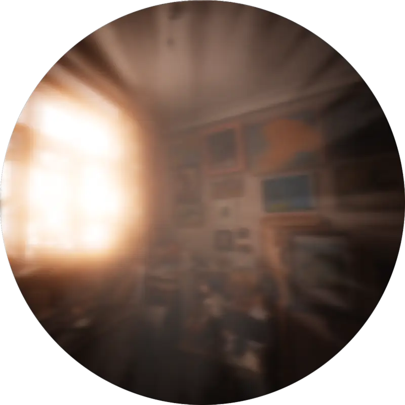 360° image of an artist workshop as seen with cortical cataracts, simulated in 360° image mode
