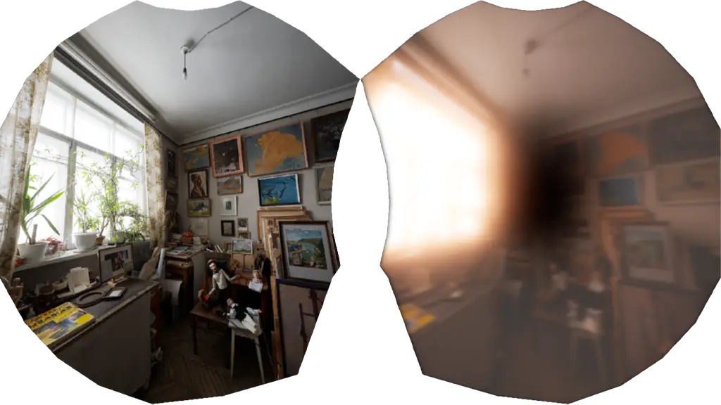 360° image of an artist workshop. Clear vision on the left eye and vision with posterior subcapsular cataracts simulated for the right eye.