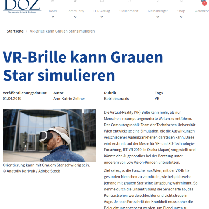 VR-Brille kann Grauen Star simulieren, DOZ, 2019
